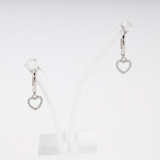 Silver 925 drop earrings with CZ heart charm on display stand, front view — Kabluchka