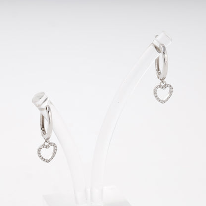 Silver drop earrings with CZ heart charm on display stand, close-up showing English lock — Kabluchka
