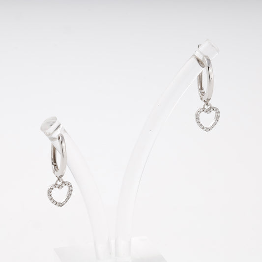 Silver drop earrings with CZ heart charm on display stand, close-up showing English lock — Kabluchka