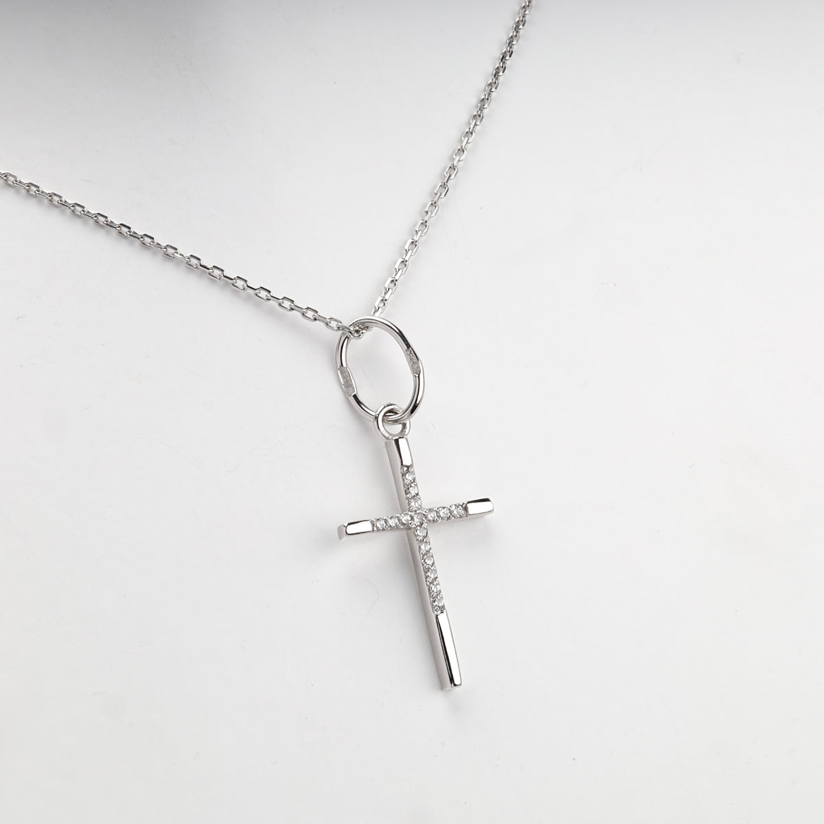 White Gold 14K (585) Cubic Zirconia Cross Pendant, product view 2 — Kabluchka
