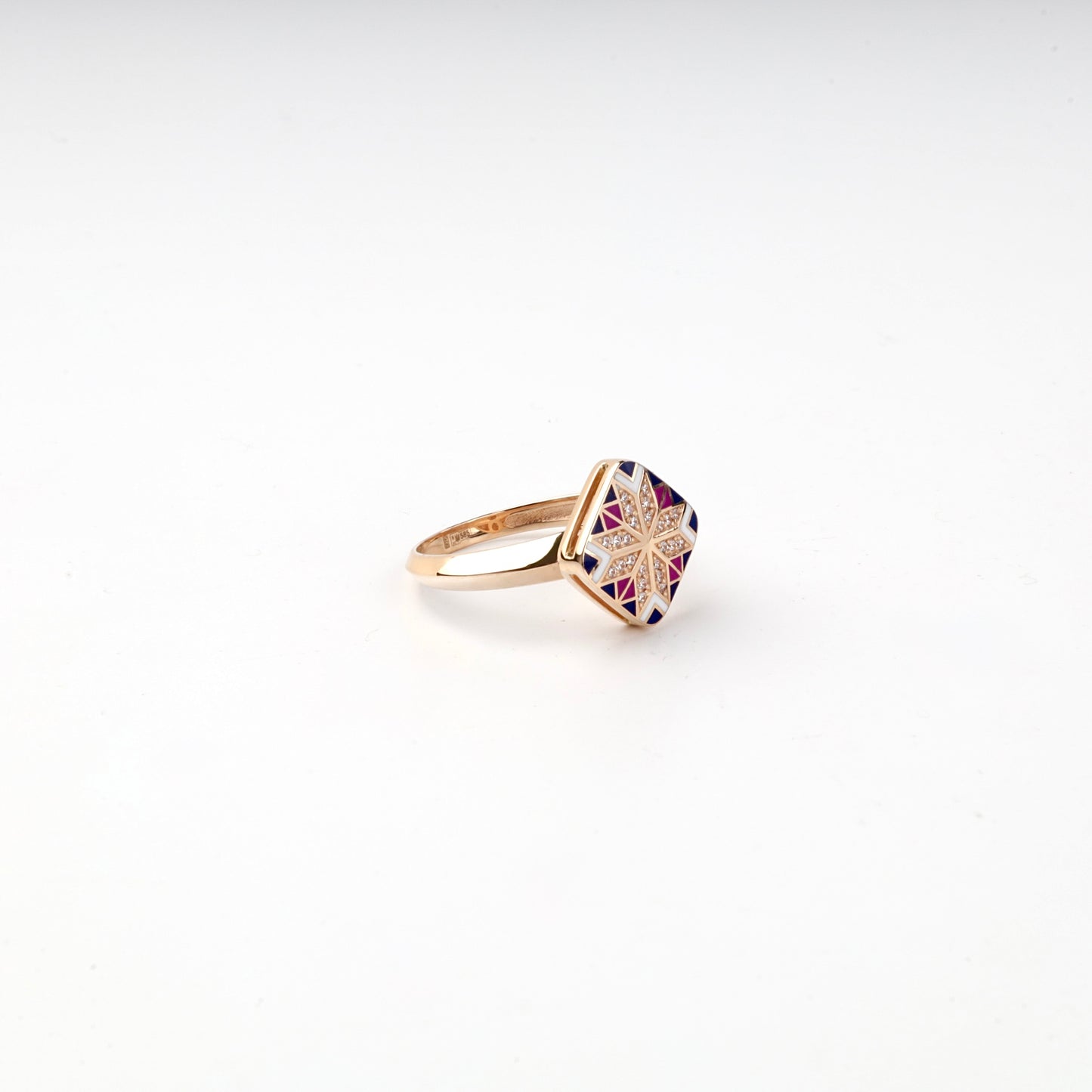 Rose Gold 14K navy purple and white enamel ring, angled view
