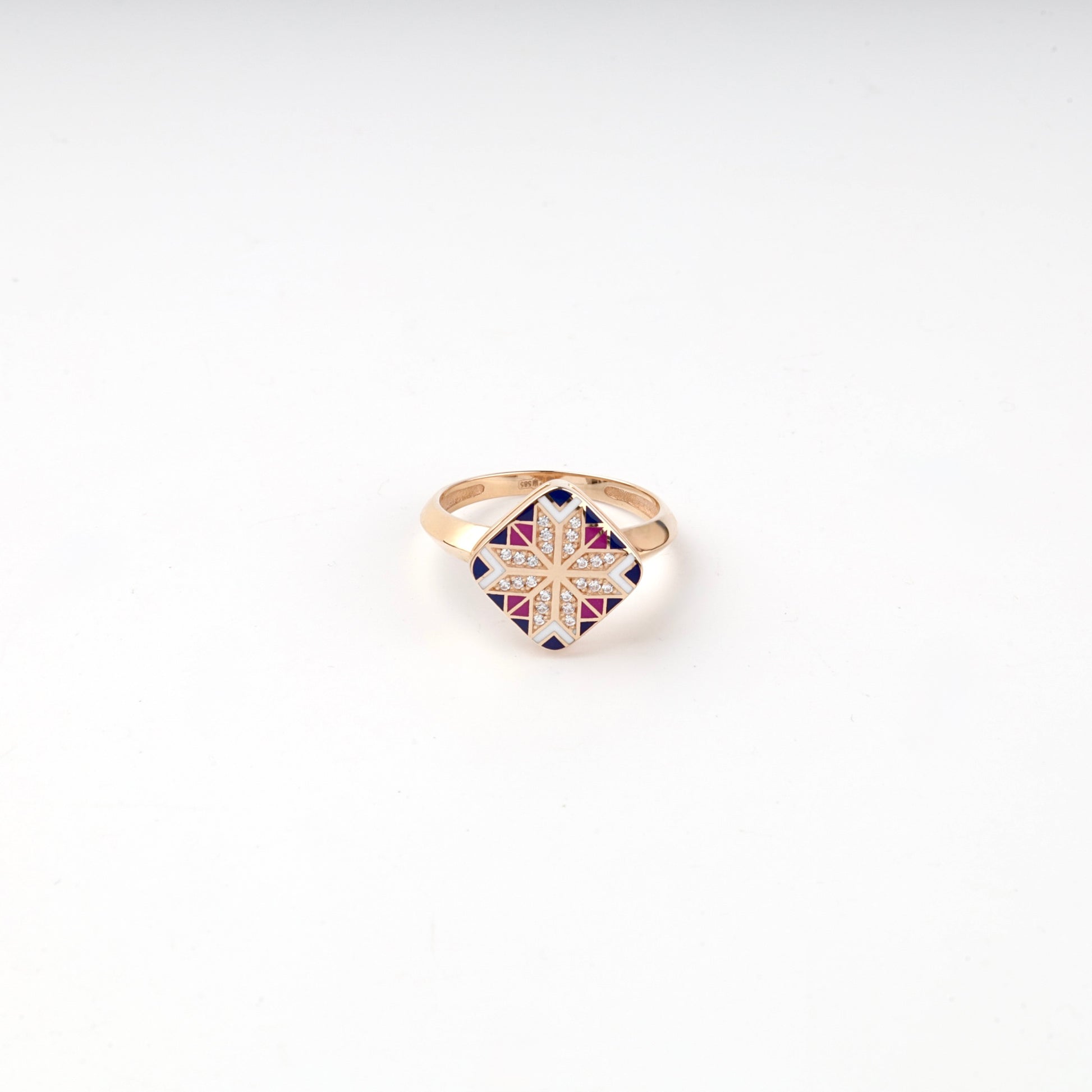 Rose Gold 14K enamel and zirconia Ukrainian ornament ring, front view