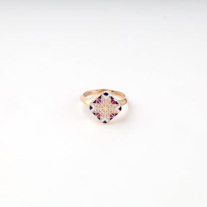 Rose Gold 14K enamel and zirconia Ukrainian ornament ring, front view