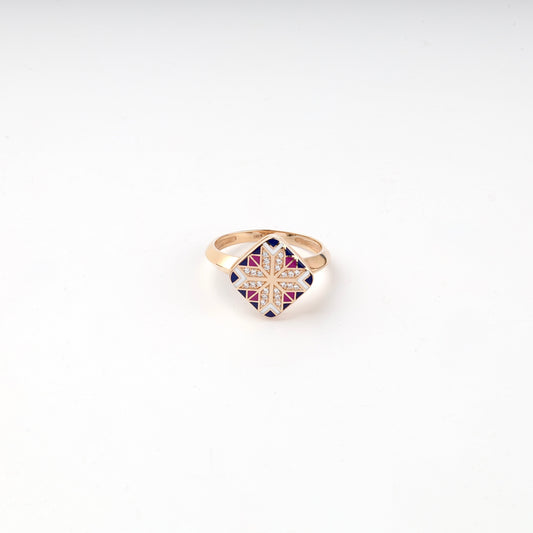 Rose Gold 14K enamel and zirconia Ukrainian ornament ring, front view