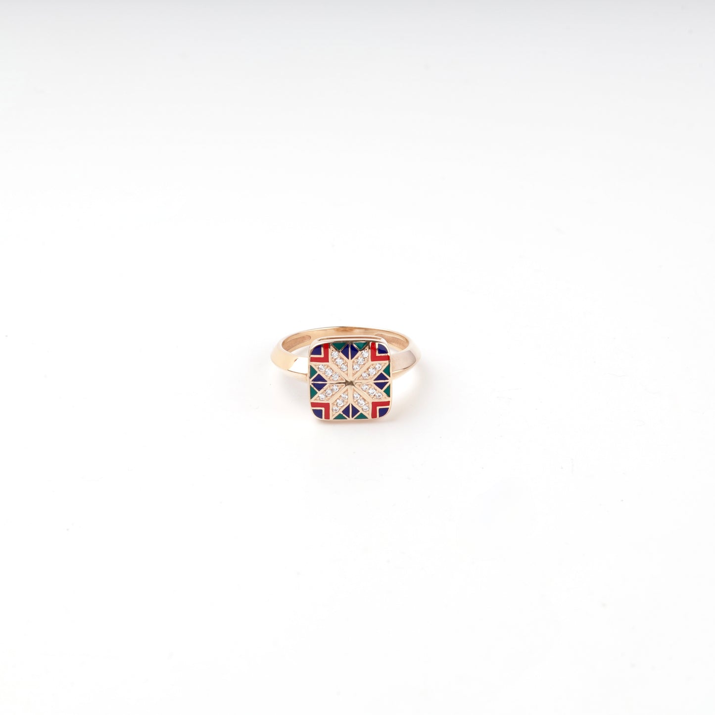 Rose Gold 14K enamel and zirconia Ukrainian ornament ring, front view