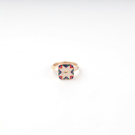 Rose Gold 14K enamel and zirconia Ukrainian ornament ring, front view