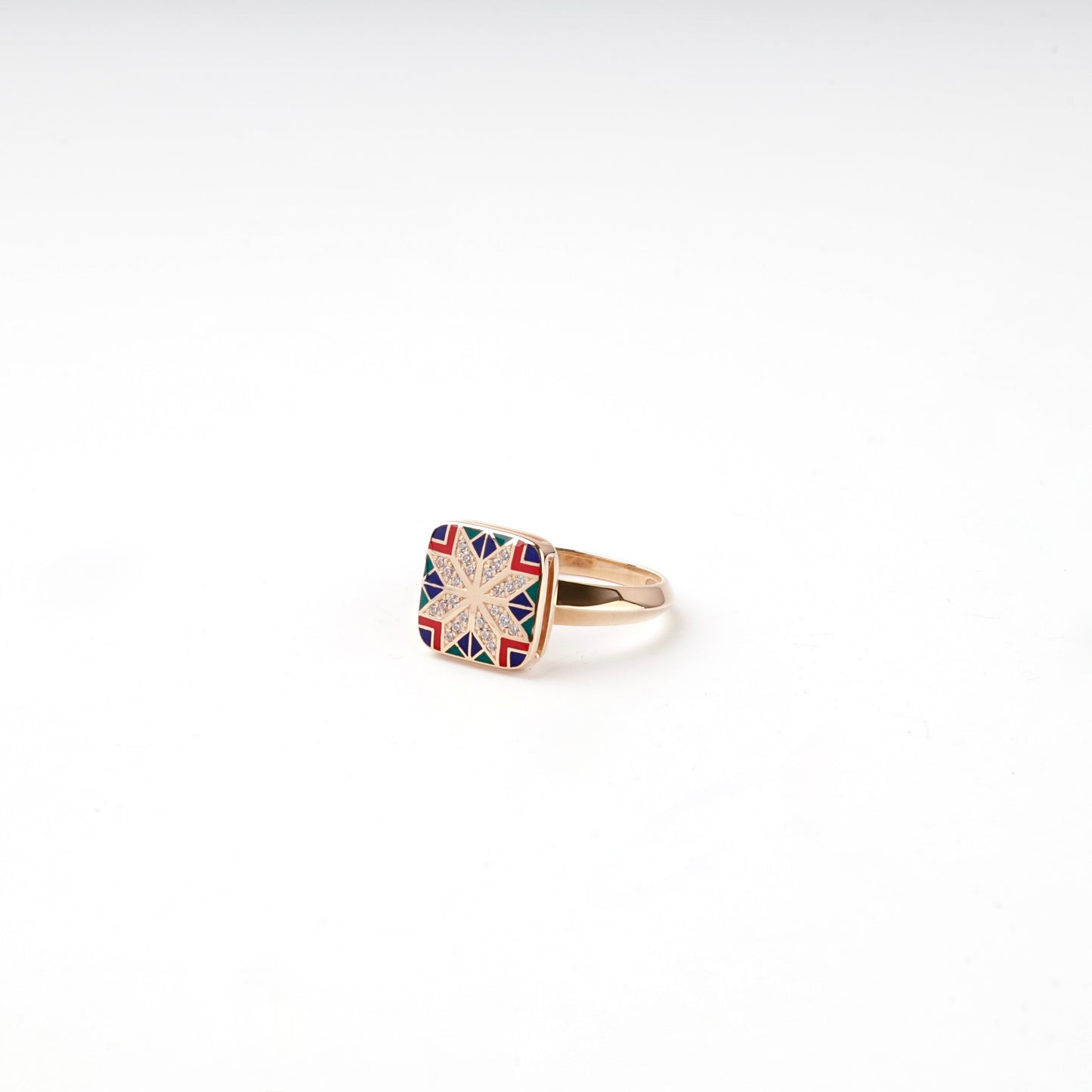 Rose Gold 14K multicolor enamel ornament ring, angled view
