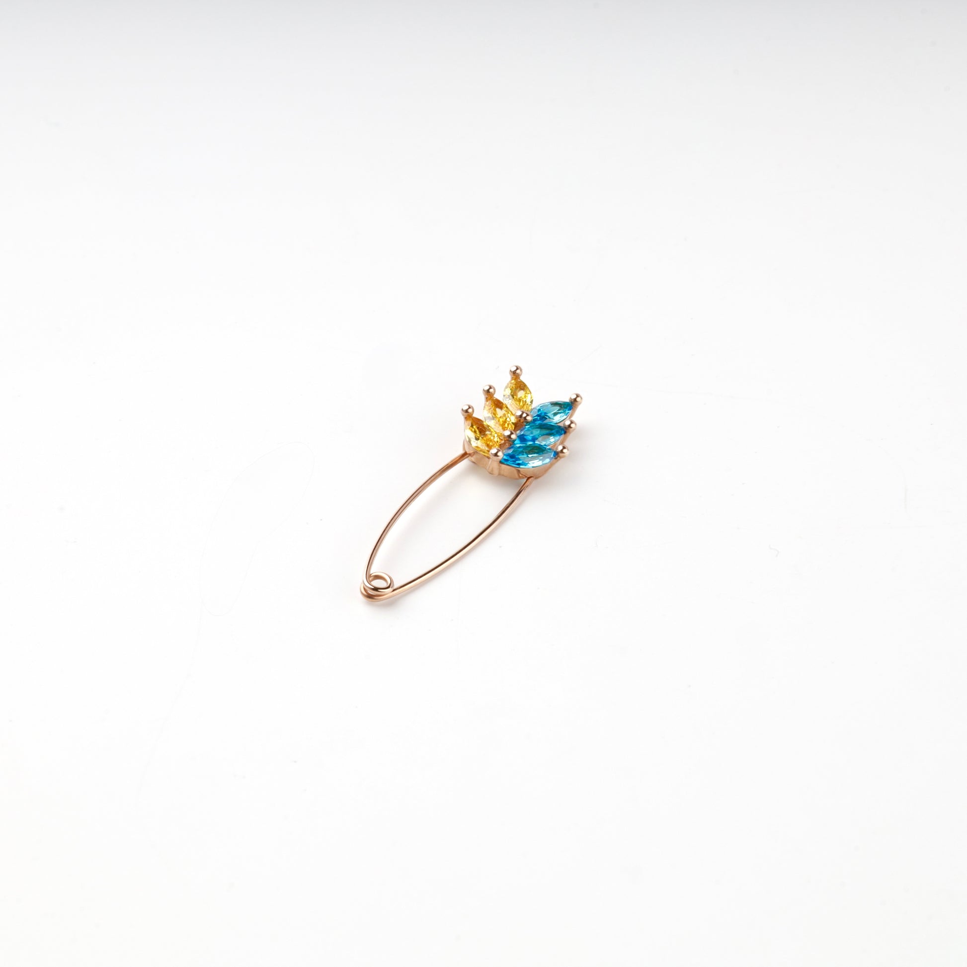 Rose Gold 14K blue and yellow zirconia wheat safety pin brooch, front view