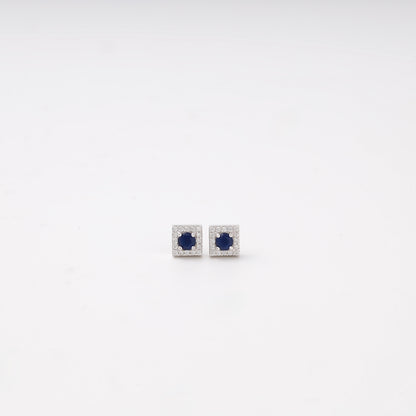 Silver 925 square halo stud earrings with blue sapphire — Kabluchka
