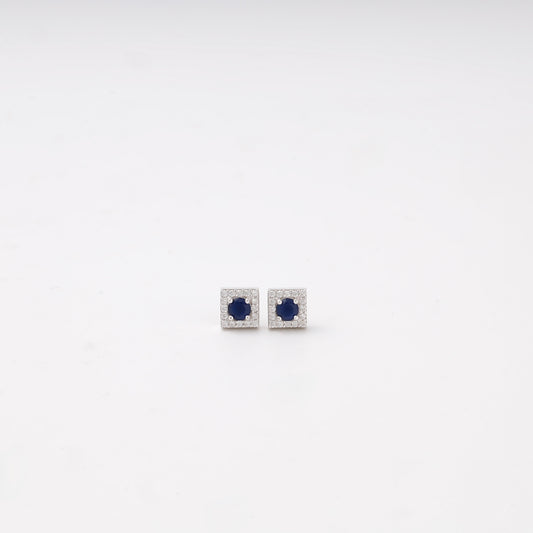 Silver 925 square halo stud earrings with blue sapphire — Kabluchka