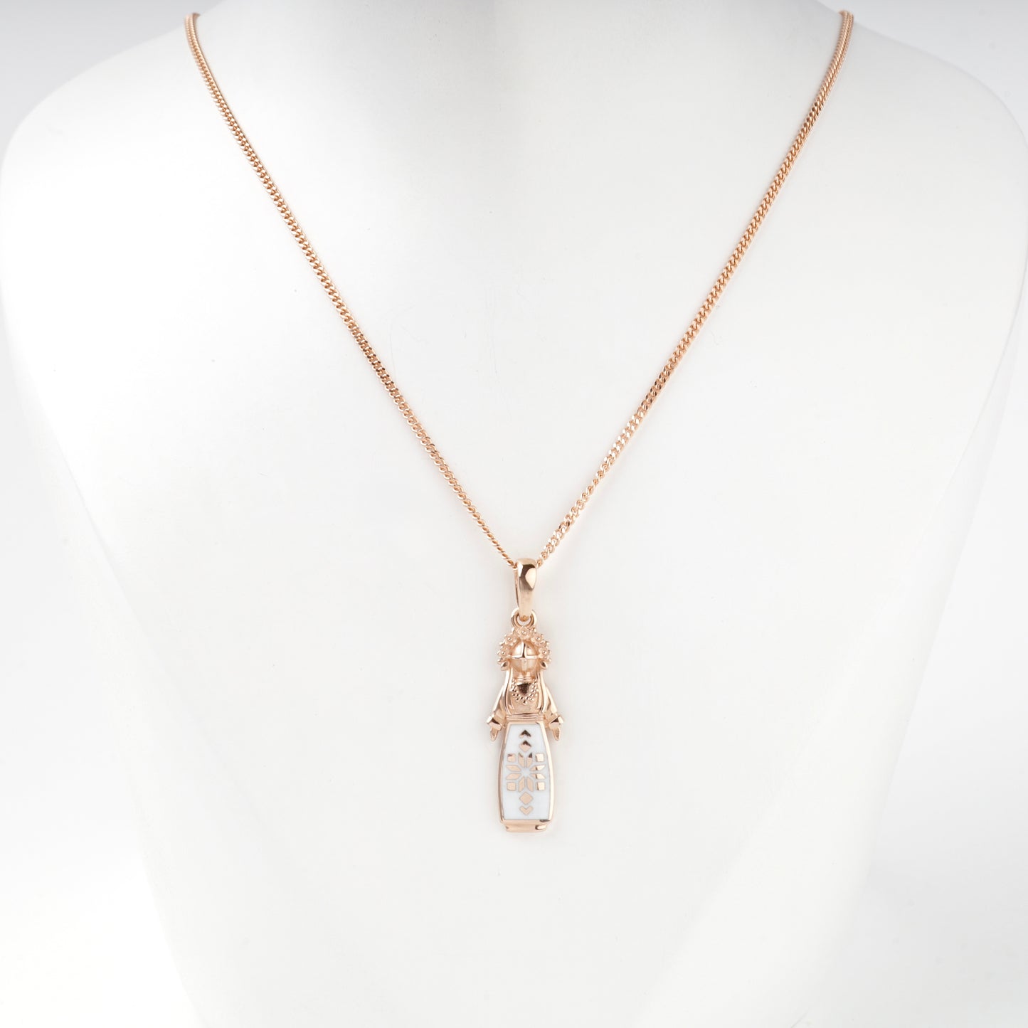 Rose Gold 14K Ukrainian motanka pendant with white enamel, front view