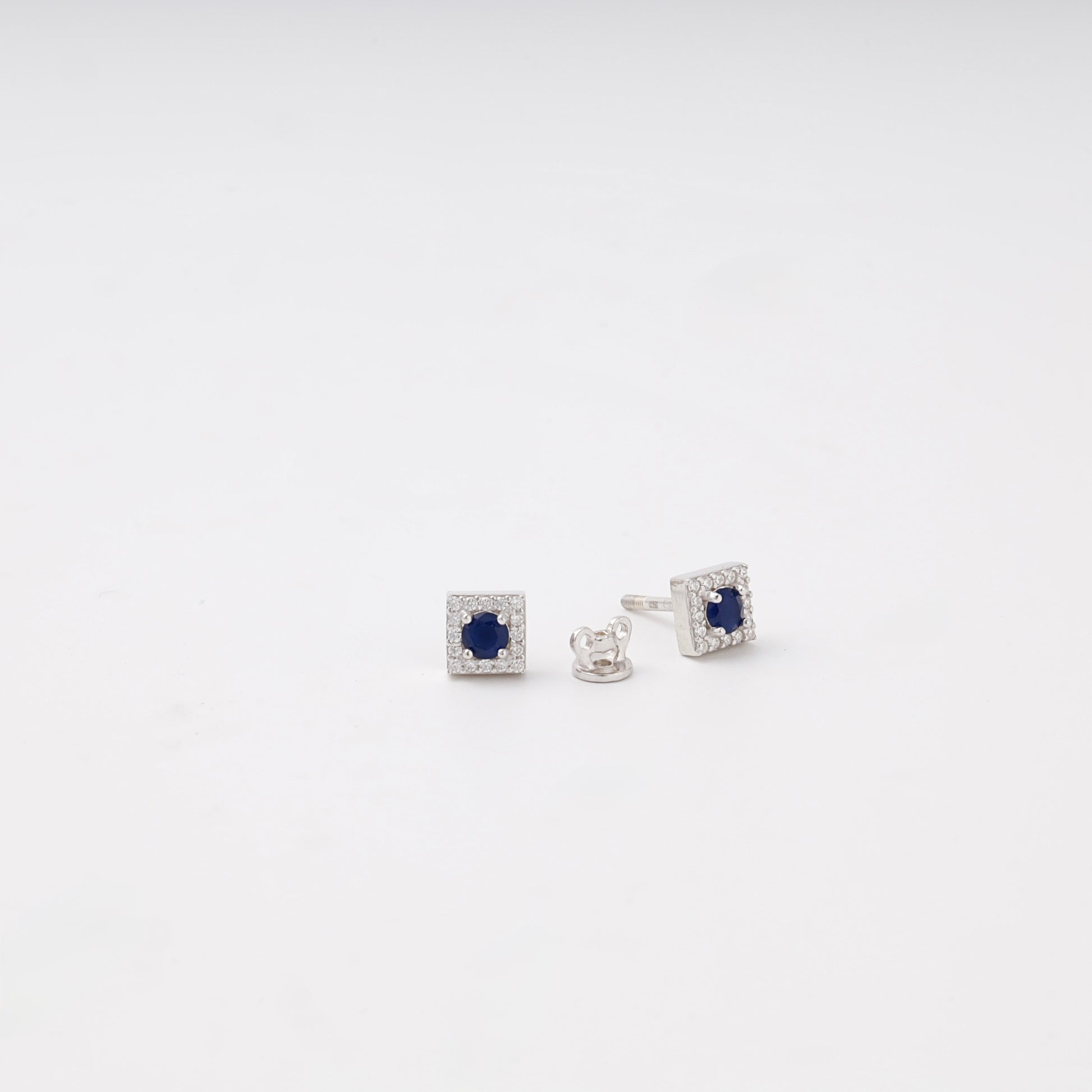 Silver 925 square halo stud earrings close-up — Kabluchka