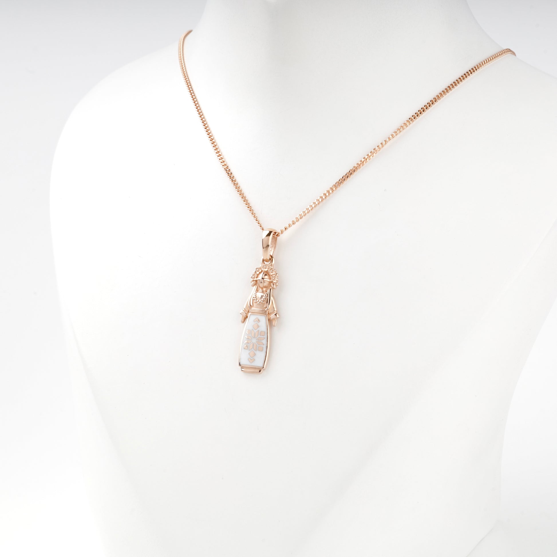 Rose Gold 14K enamel motanka pendant, side detail