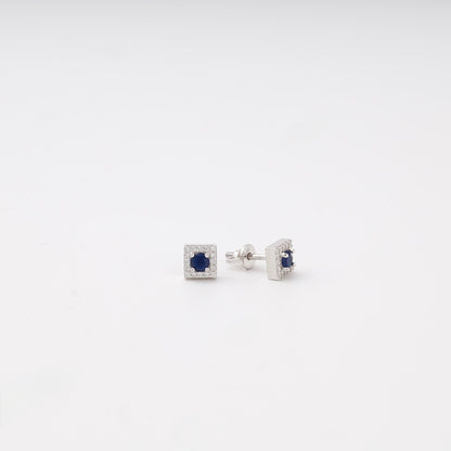 Square halo stud earrings with blue sapphire in silver 925 — Kabluchka