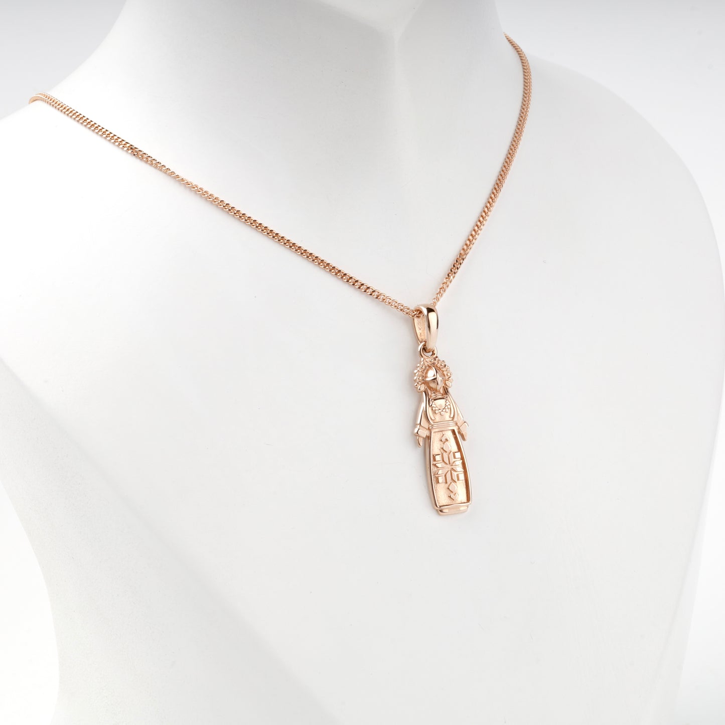 Rose Gold 14K motanka pendant, side detail