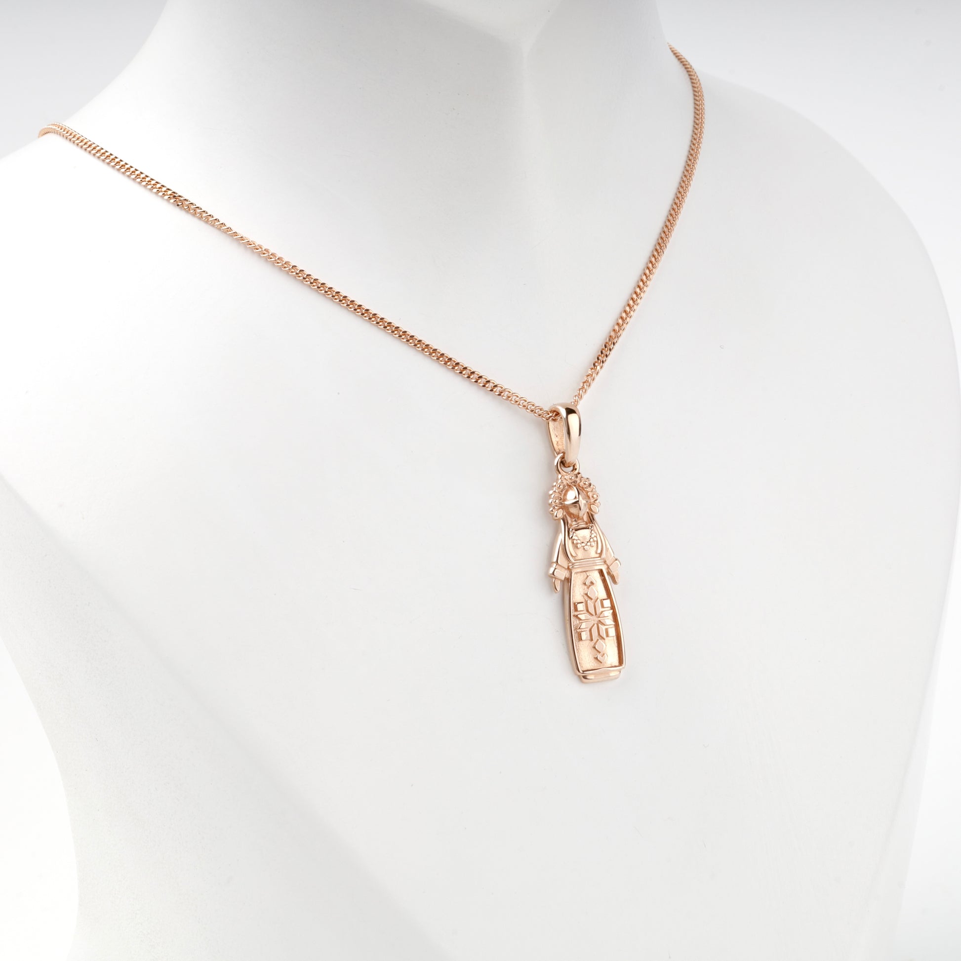 Rose Gold 14K motanka pendant, side detail