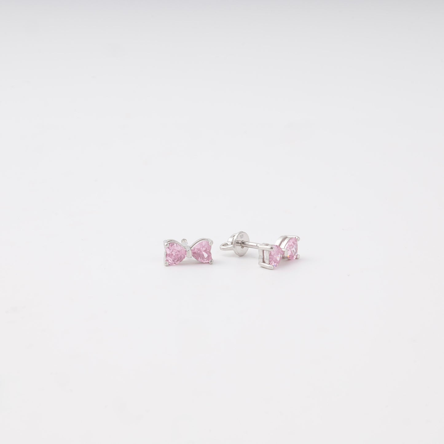 Pink heart bow stud earrings silver 925 — Kabluchka