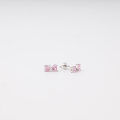 Pink heart bow stud earrings silver 925 — Kabluchka