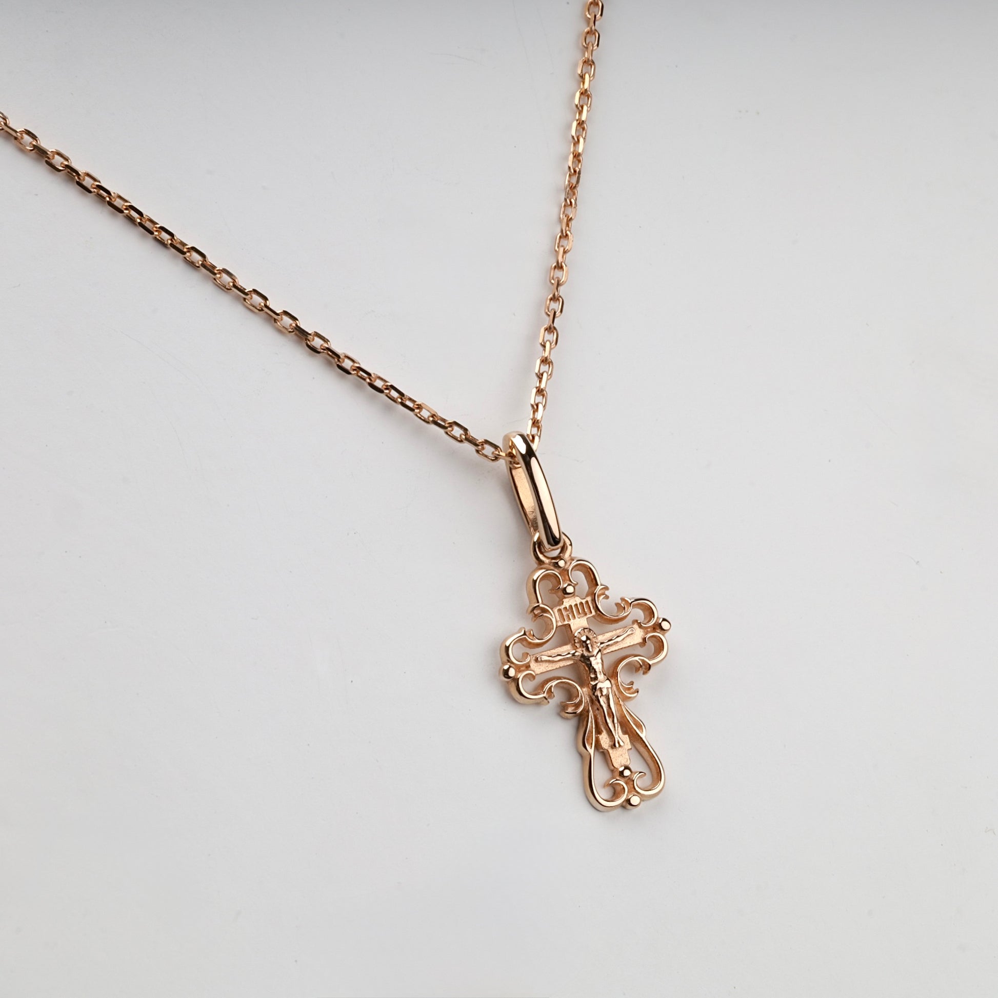 Rose Gold 14K (585) Openwork Orthodox Crucifix Pendant, product view 2 — Kabluchka