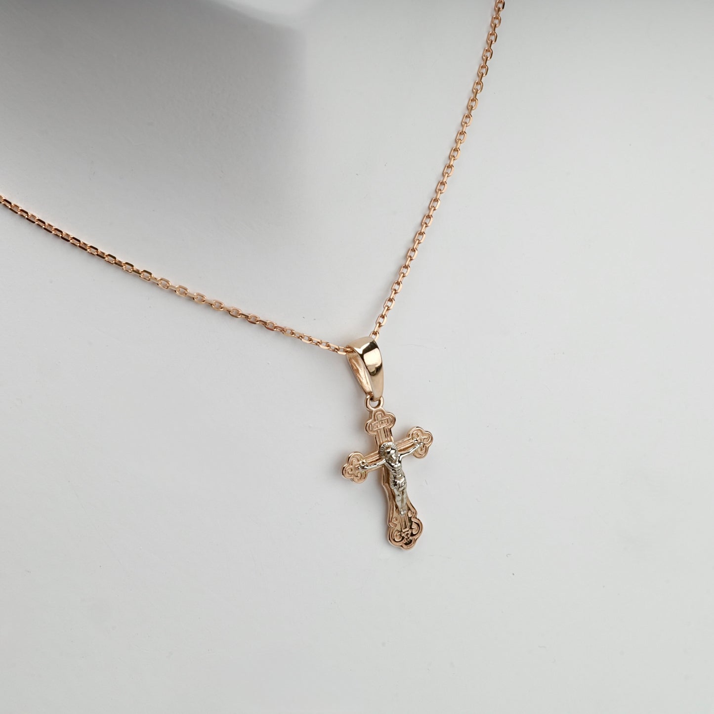 Two-Tone Gold 14K (585) Ornate Orthodox Crucifix Pendant, product view 2 — Kabluchka