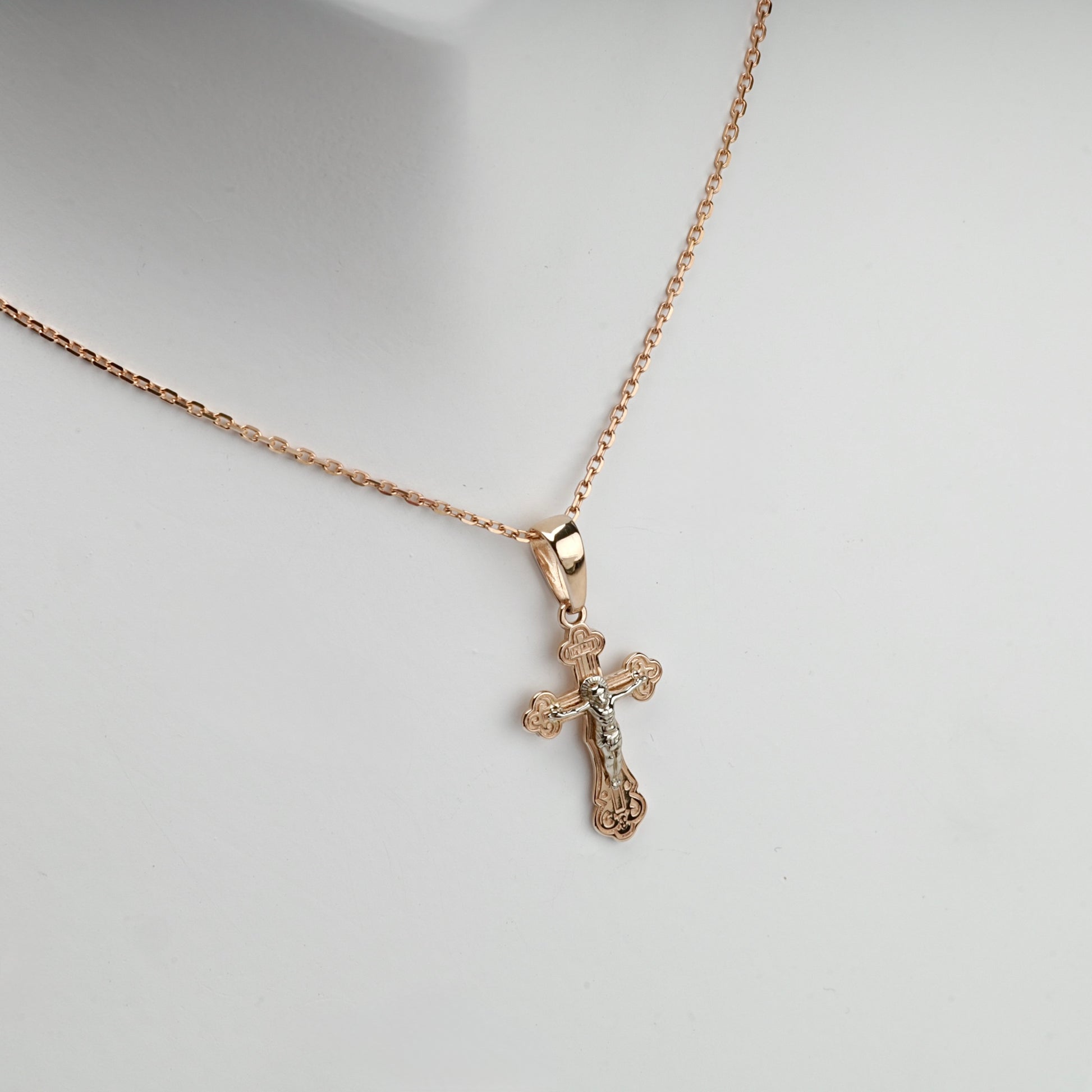 Two-Tone Gold 14K (585) Ornate Orthodox Crucifix Pendant, product view 2 — Kabluchka