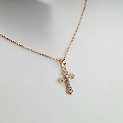 Two-Tone Gold 14K (585) Ornate Orthodox Crucifix Pendant, product view 2 — Kabluchka