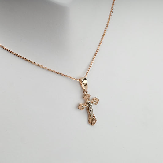 Two-Tone Gold 14K (585) Ornate Orthodox Crucifix Pendant, product view 2 — Kabluchka