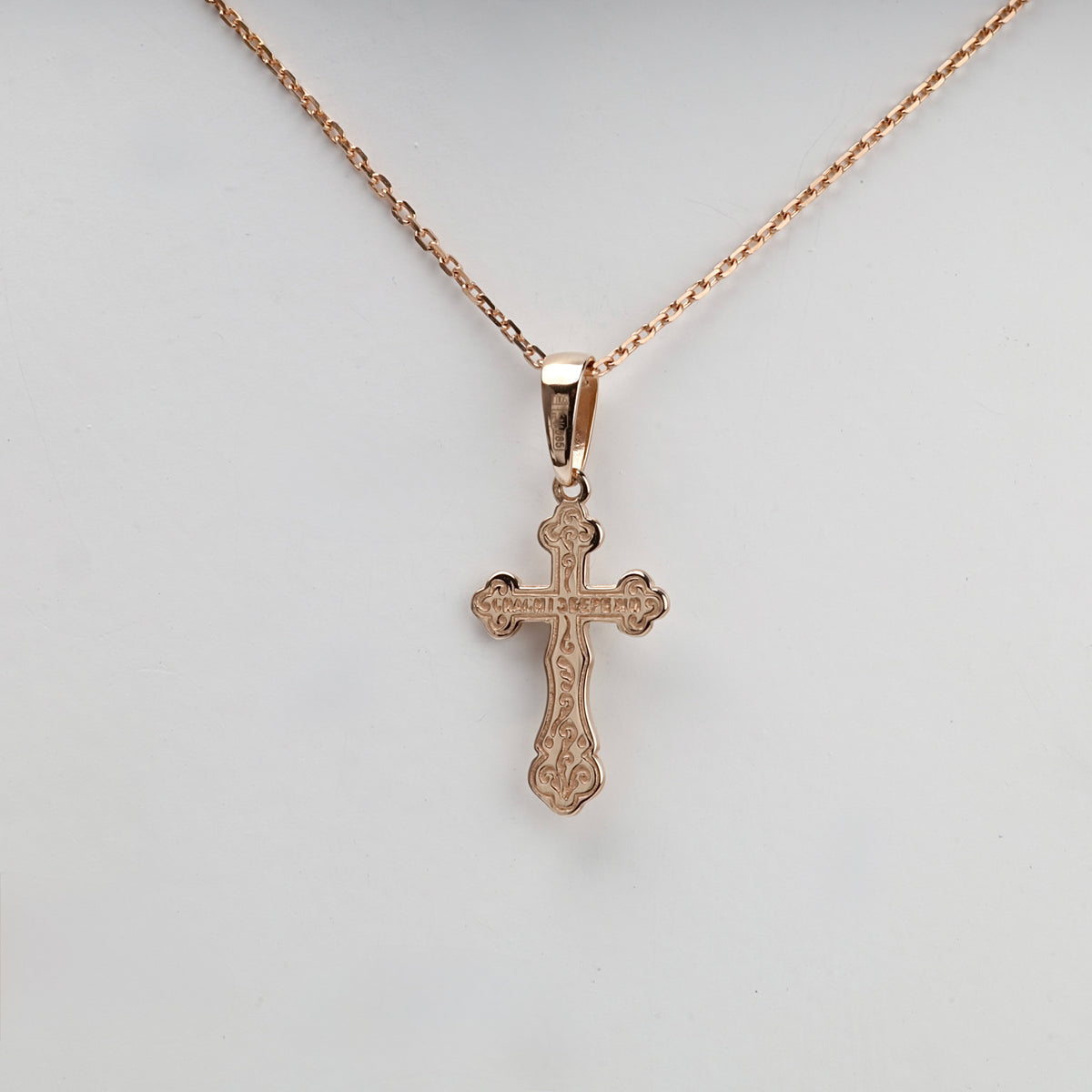 Two-Tone Gold 14K (585) Ornate Orthodox Crucifix Pendant, product view 5 — Kabluchka