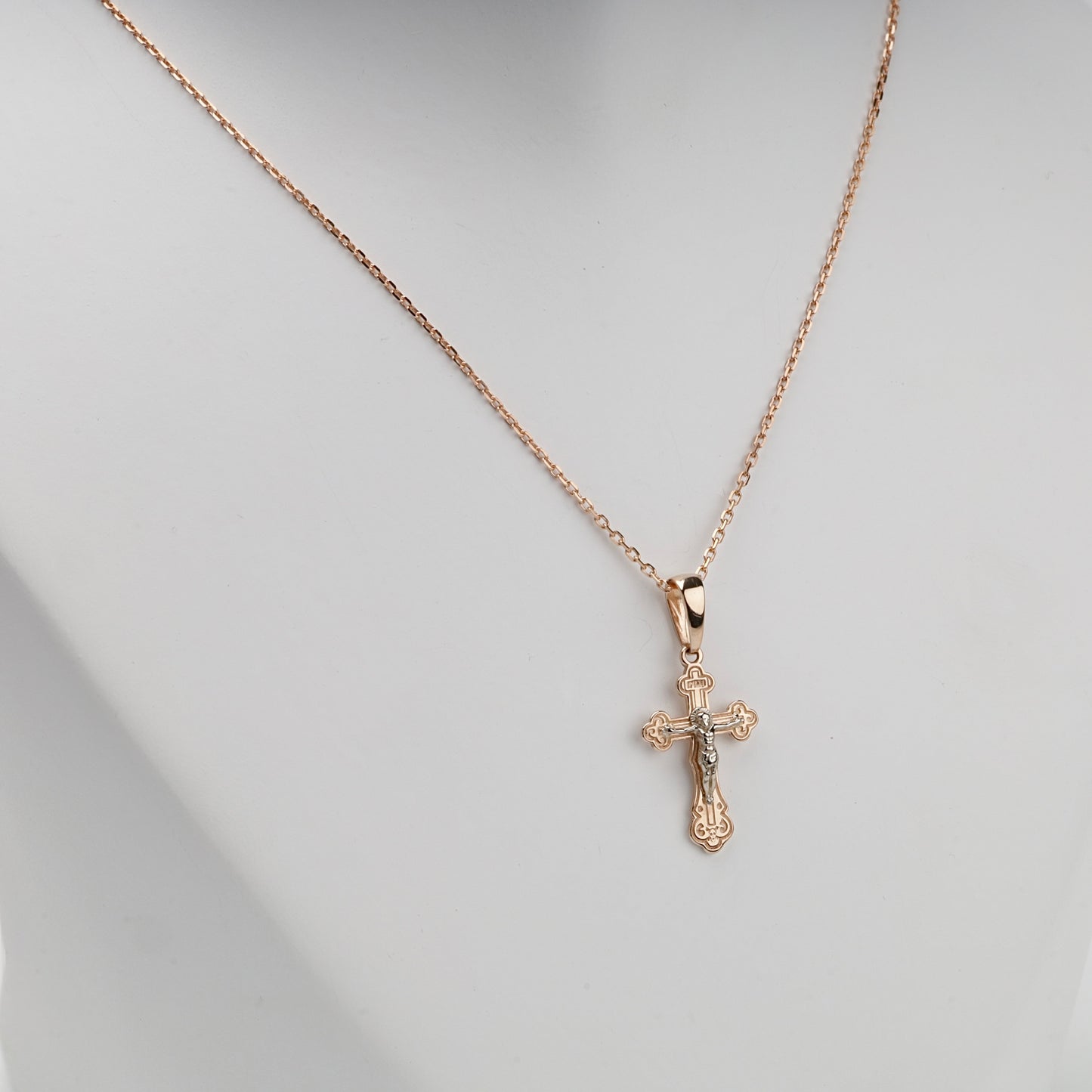 Two-Tone Gold 14K (585) Ornate Orthodox Crucifix Pendant, product view 3 — Kabluchka