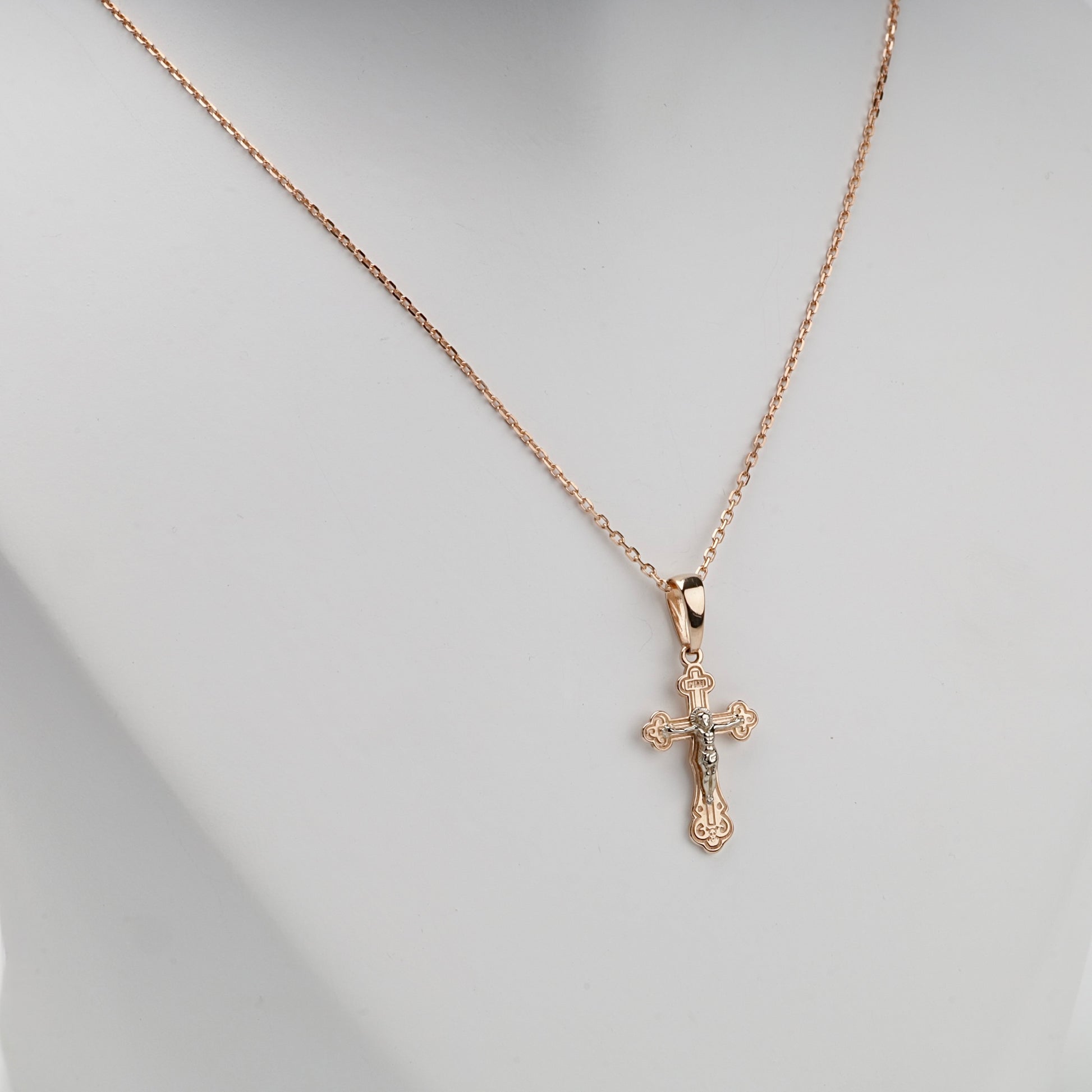 Two-Tone Gold 14K (585) Ornate Orthodox Crucifix Pendant, product view 3 — Kabluchka