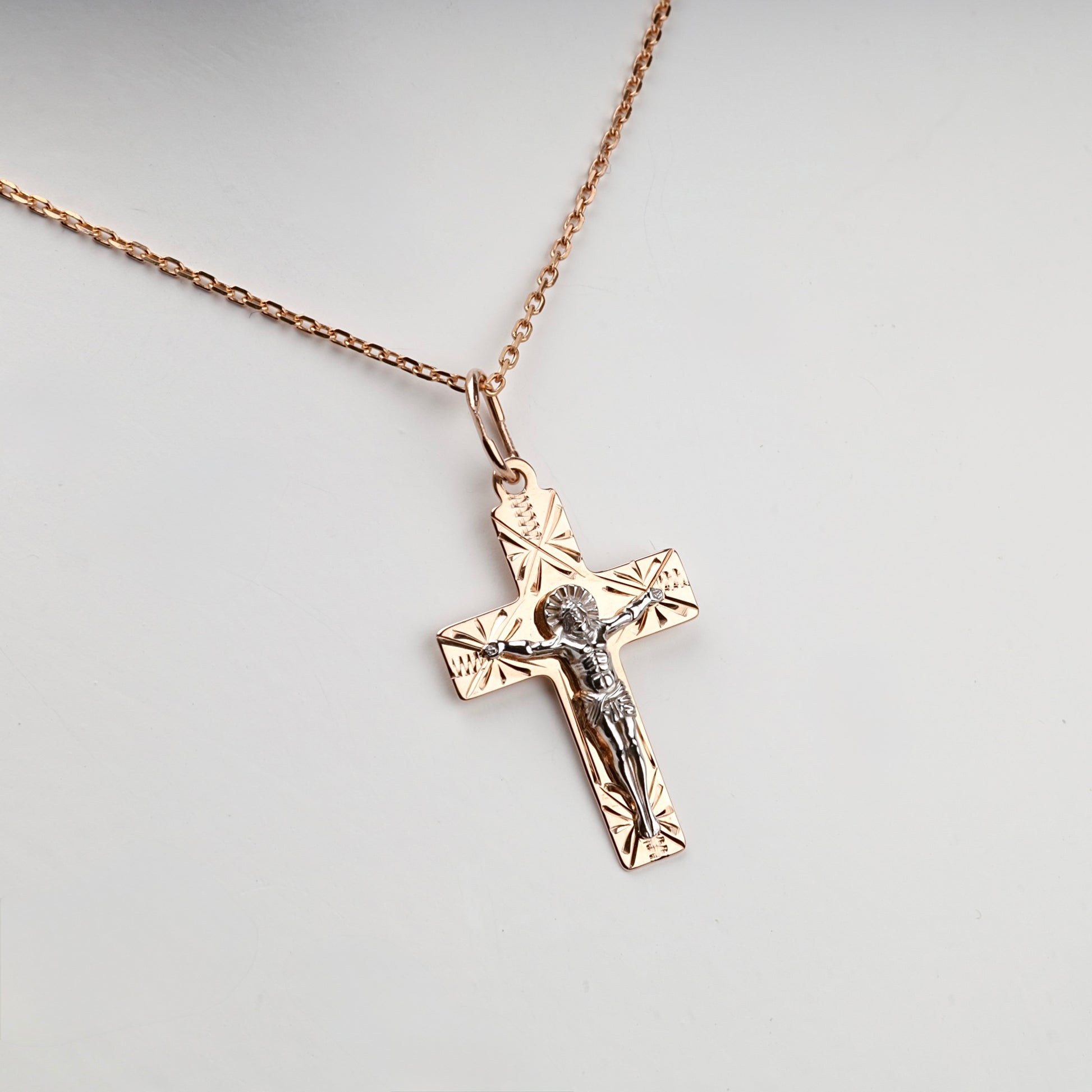 Two-Tone Gold 14K (585) Engraved Orthodox Crucifix Pendant, product view 2 — Kabluchka