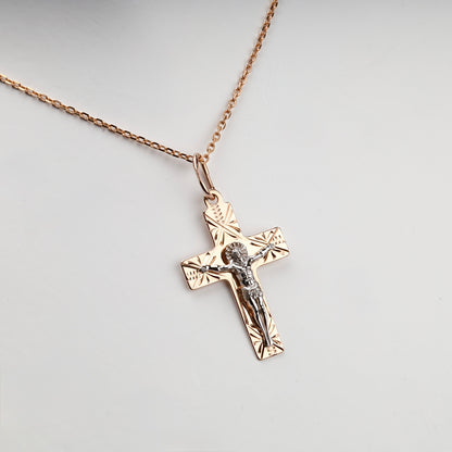 Two-Tone Gold 14K (585) Engraved Orthodox Crucifix Pendant, product view 2 — Kabluchka
