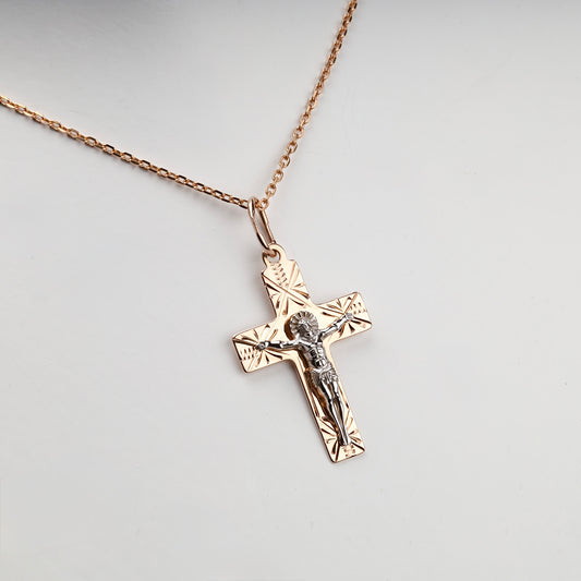 Two-Tone Gold 14K (585) Engraved Orthodox Crucifix Pendant, product view 2 — Kabluchka