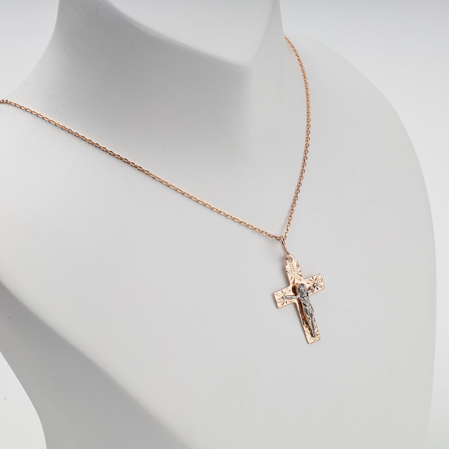 Two-Tone Gold 14K (585) Engraved Orthodox Crucifix Pendant, product view 3 — Kabluchka
