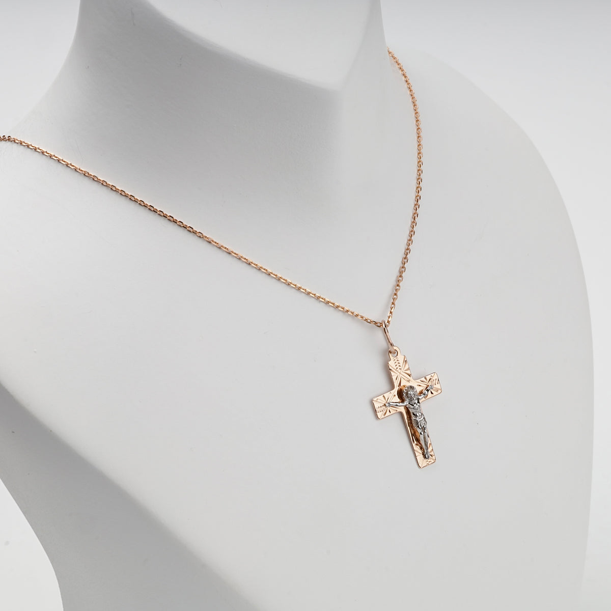 Two-Tone Gold 14K (585) Engraved Orthodox Crucifix Pendant, product view 3 — Kabluchka