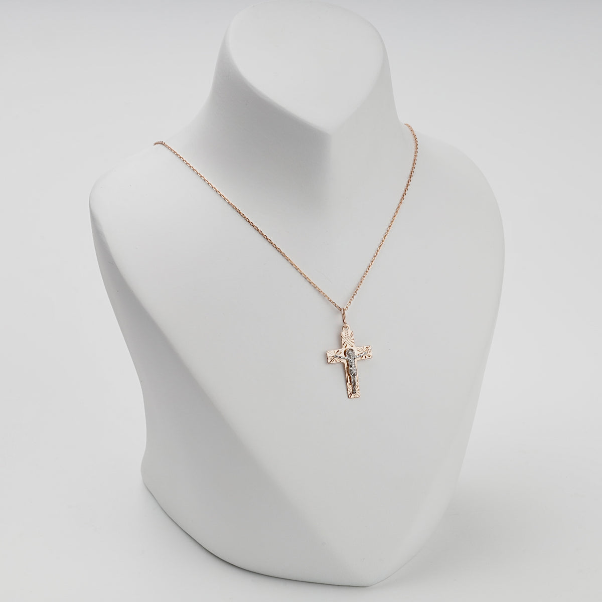 Two-Tone Gold 14K (585) Engraved Orthodox Crucifix Pendant, product view 4 — Kabluchka