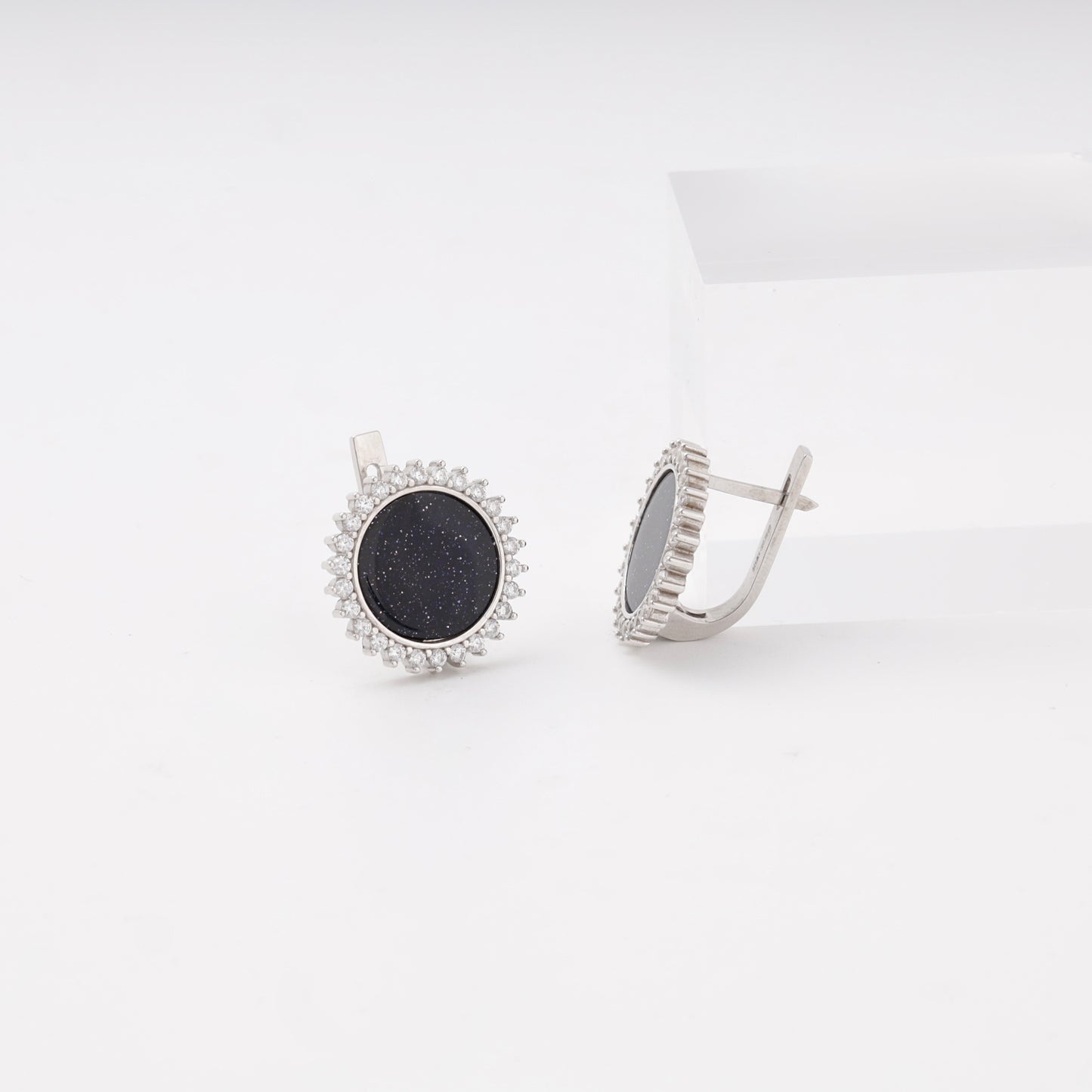 Silver 925 blue aventurine earrings with cubic zirconia halo — Kabluchka