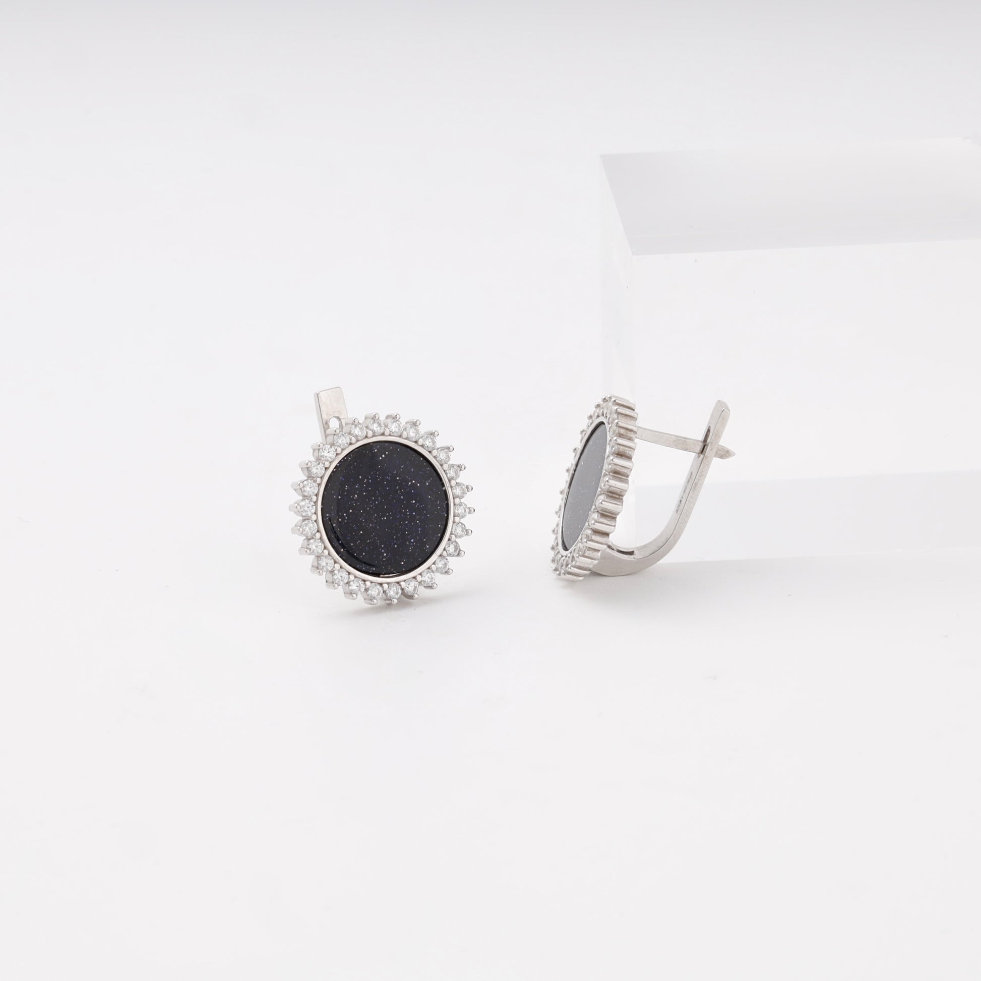 Silver 925 blue aventurine earrings with cubic zirconia halo — Kabluchka