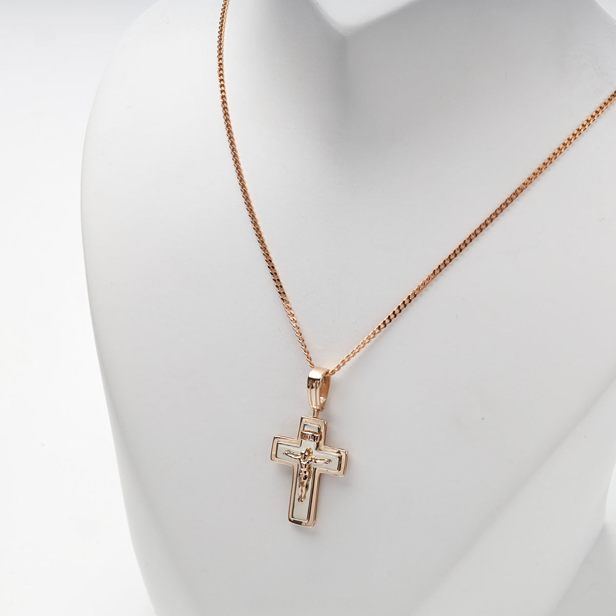 Two-tone Gold 14K (585) layered Orthodox crucifix pendant — styled on chain — Kabluchka