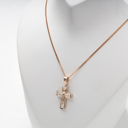 Two-tone Gold 14K (585) layered Orthodox crucifix pendant — styled on chain — Kabluchka