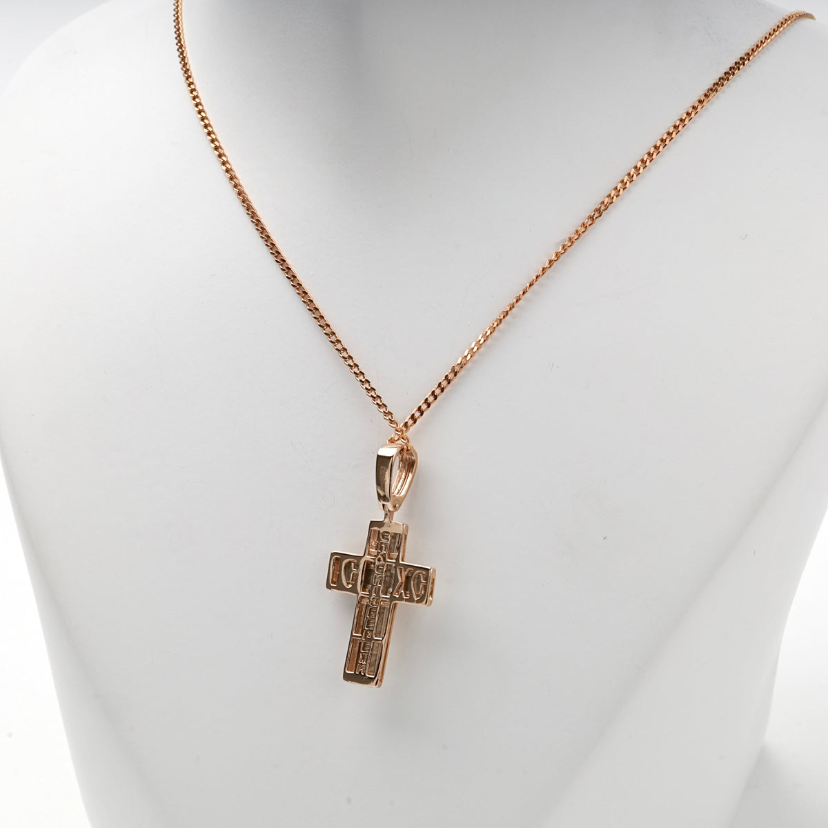 Two-tone Gold 14K (585) layered Orthodox crucifix pendant — display view — Kabluchka