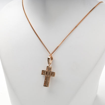 Two-tone Gold 14K (585) layered Orthodox crucifix pendant — display view — Kabluchka