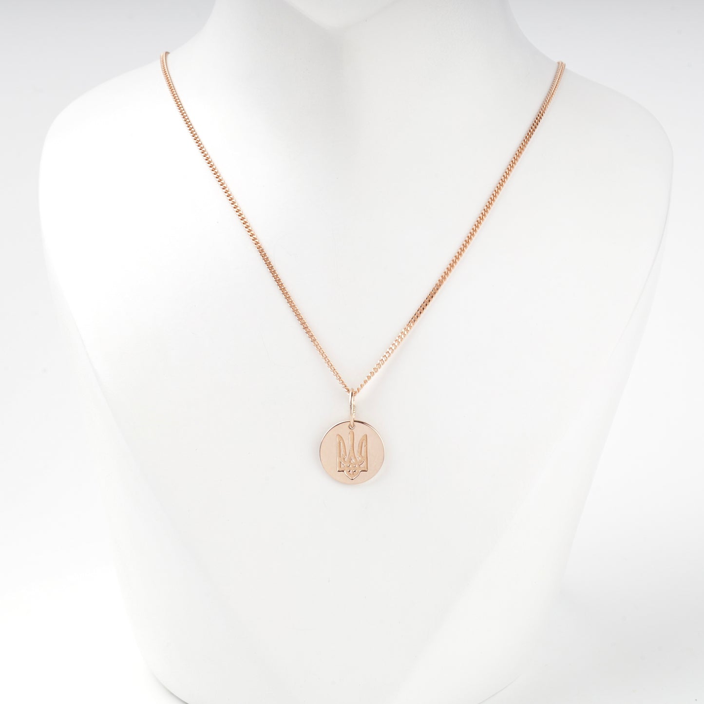 Rose Gold 14K Ukrainian Trident disc pendant, front view