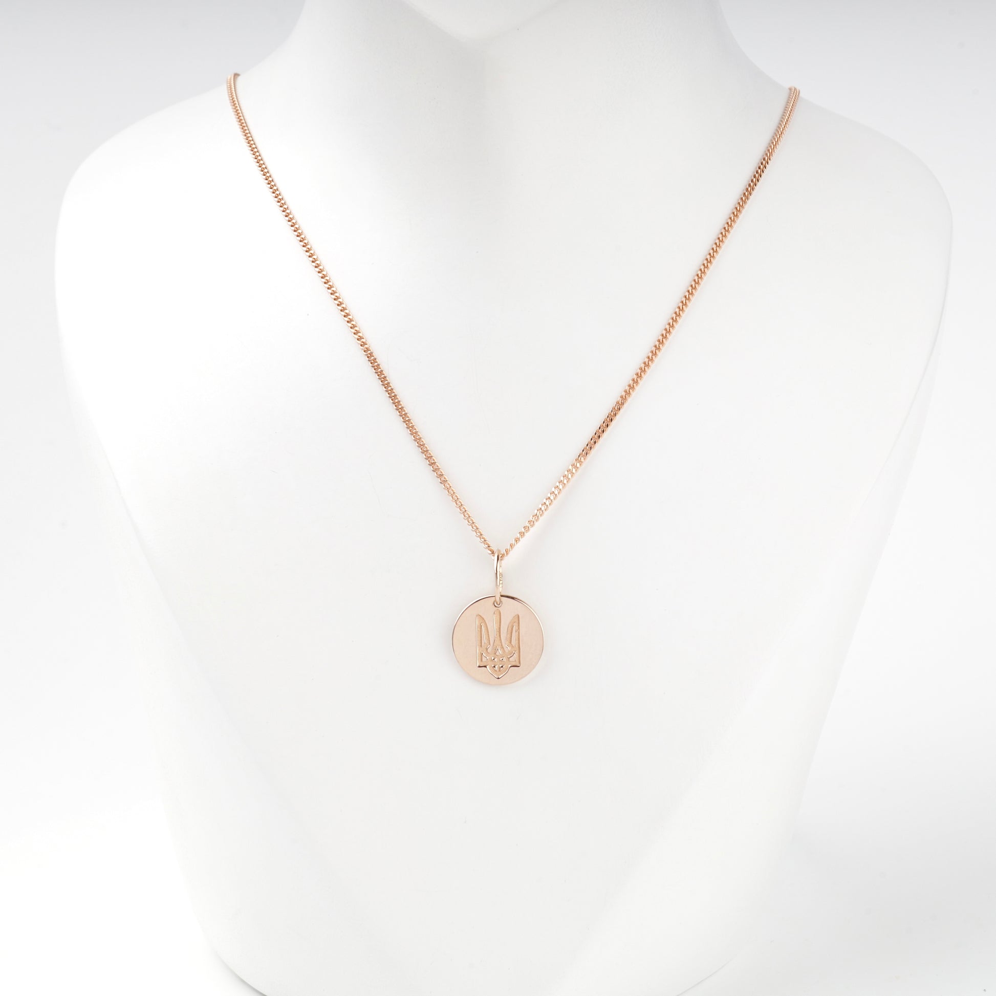 Rose Gold 14K Ukrainian Trident disc pendant, front view