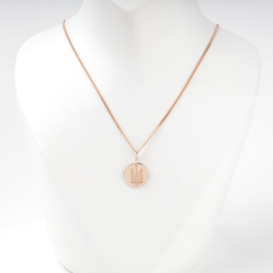 Rose Gold 14K Ukrainian Trident disc pendant, front view