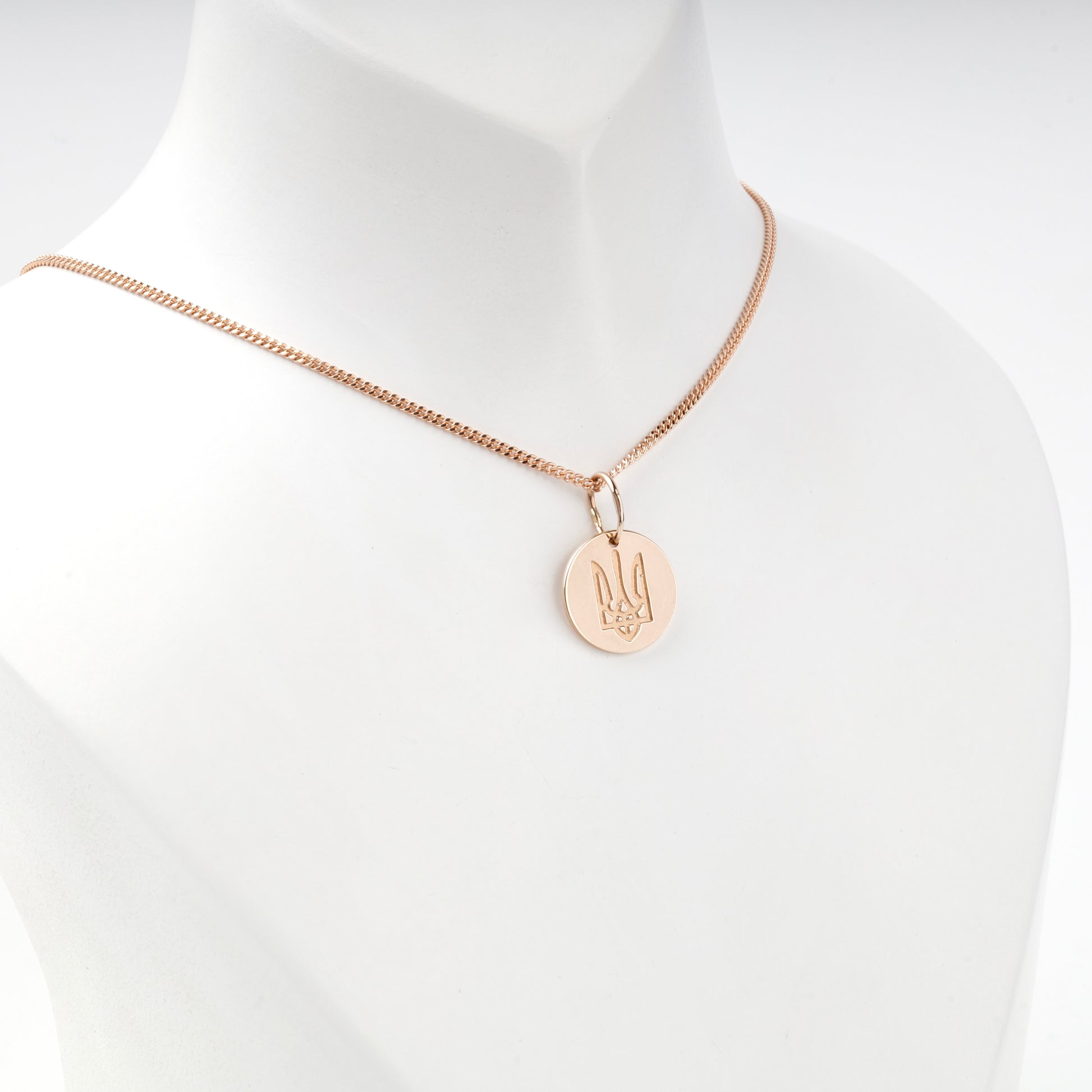 Rose Gold 14K Ukrainian Trident medallion pendant, angled view