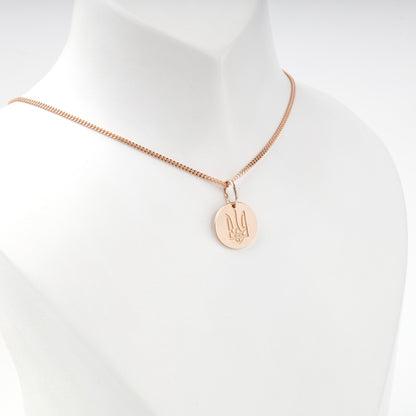 Rose Gold 14K Ukrainian Trident medallion pendant, angled view