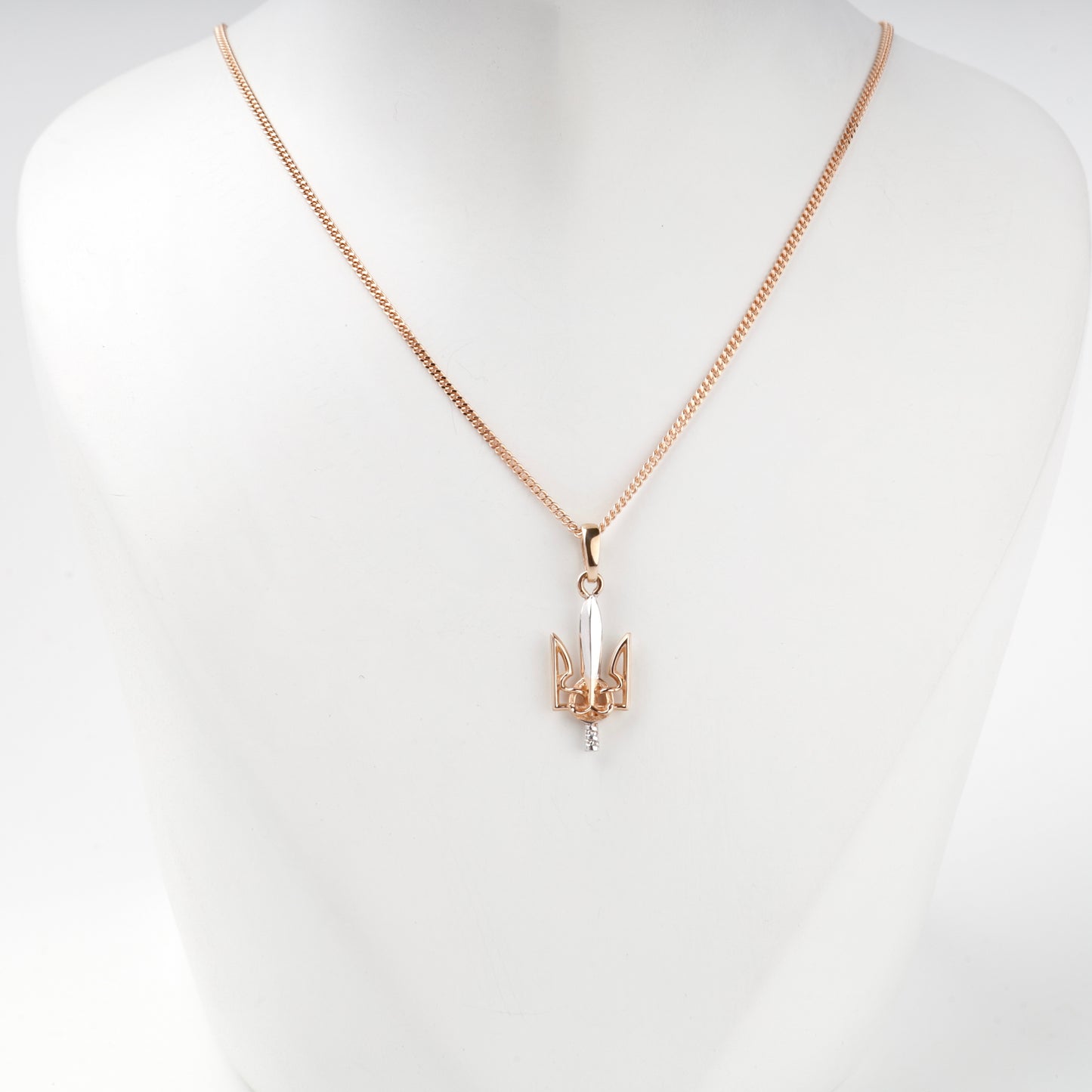 Two-tone Gold 14K Ukrainian Trident and sword Courage pendant, front view