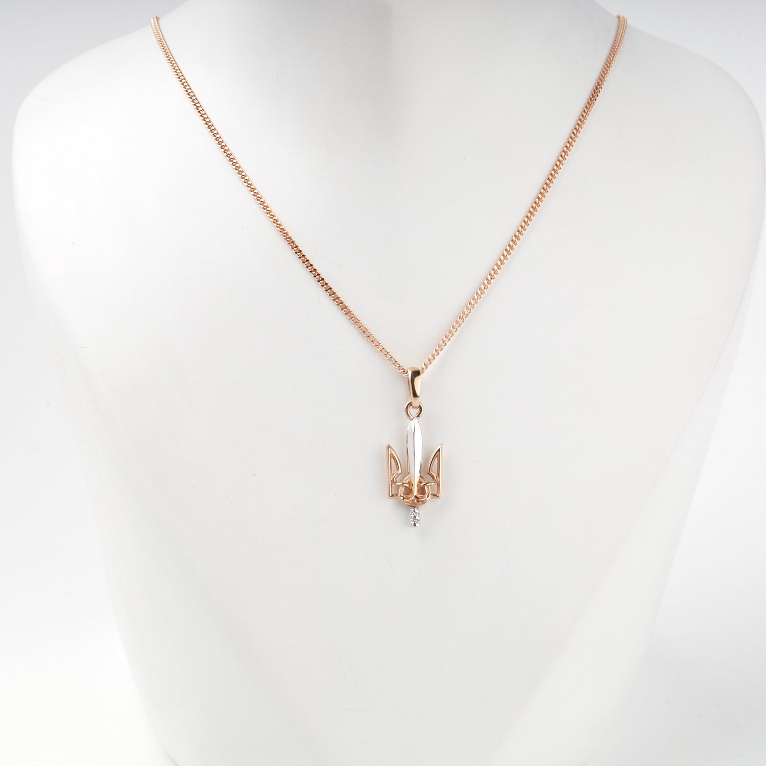 Two-tone Gold 14K Ukrainian Trident and sword Courage pendant, front view