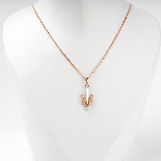 Two-tone Gold 14K Ukrainian Trident and sword Courage pendant, front view